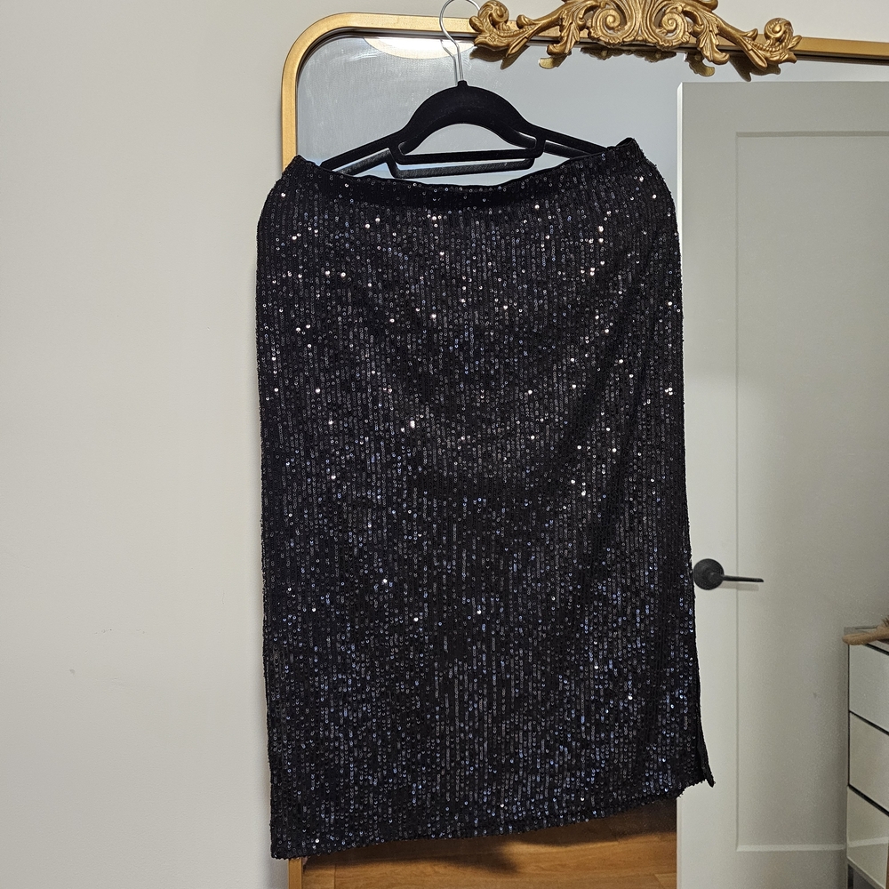 Vince Camuto Black Sequin Pencil Midi Skirt